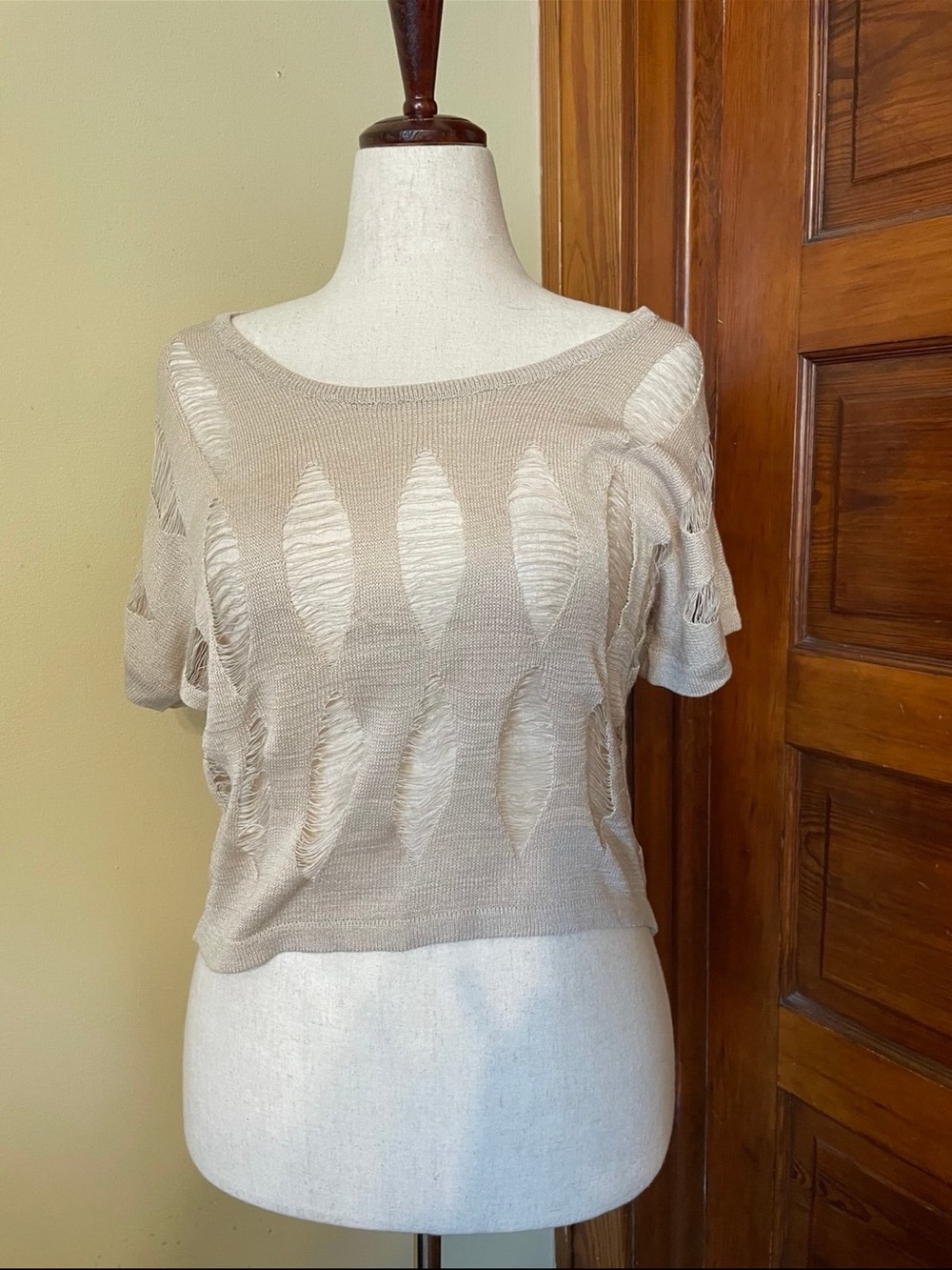 Ya Los Angeles Taupe Distressed Openwork Short-Sleeve Knit Top